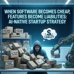 the transformation of software features into liabilities, and I've honed in on a visual metaphor. It centers around an individual overwhelmed by an avalanche of cheap, mass-produced software boxes. An AI robot is effortlessly generating more. I'm aiming for an environment evocative of a startup office. This should drive home the core message.