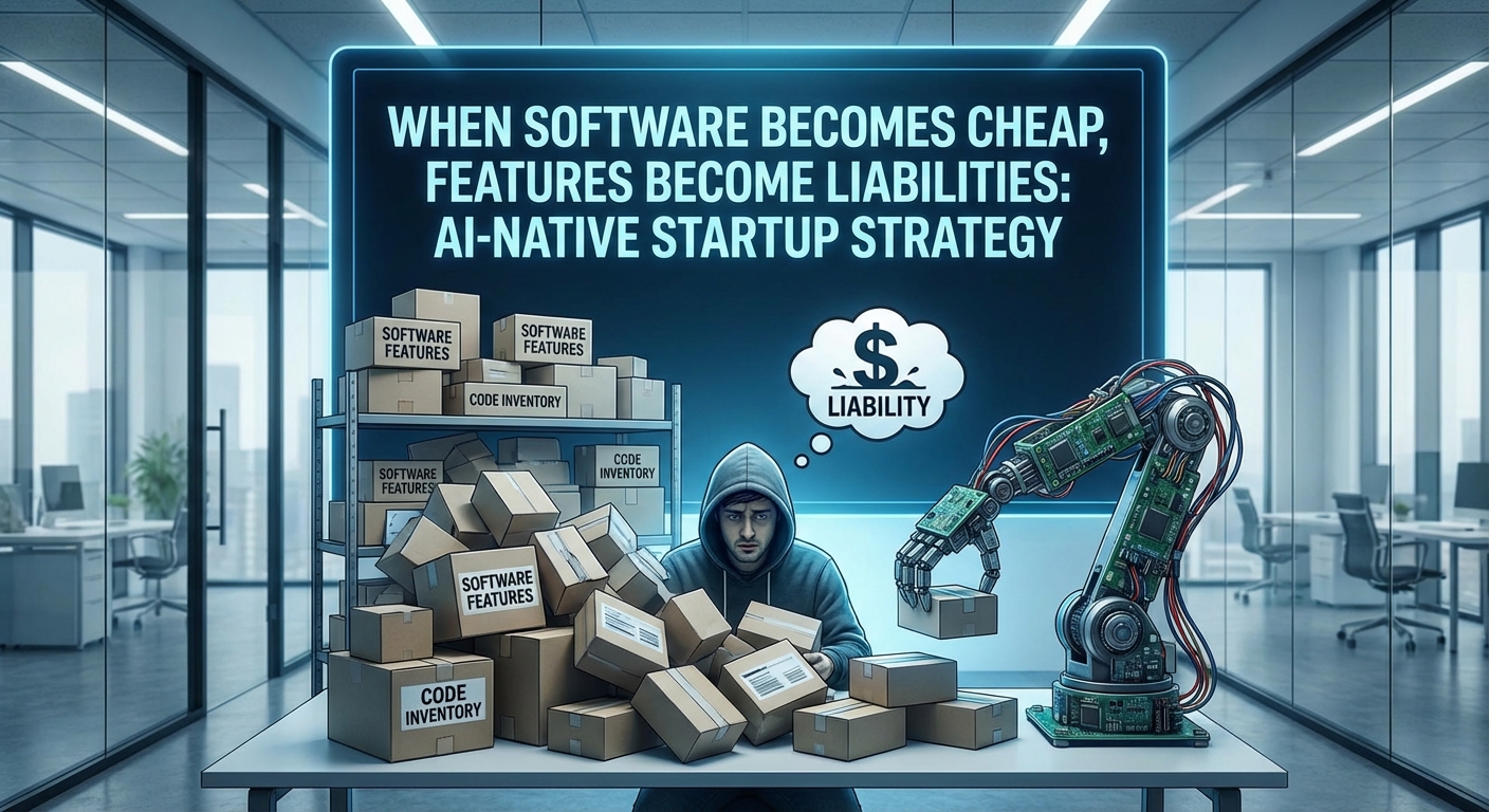 the transformation of software features into liabilities, and I've honed in on a visual metaphor. It centers around an individual overwhelmed by an avalanche of cheap, mass-produced software boxes. An AI robot is effortlessly generating more. I'm aiming for an environment evocative of a startup office. This should drive home the core message.