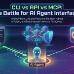 detailing the characteristics of each AI agent interface. The CLI should be a battle-hardened terminal. I visualize a sleek digital representation for the API, possibly networked. Finally, the MCP might be represented as a new but less effective interface, perhaps a USB-C icon. I'm focusing on the "AI Agent" element, placing it as an observer gravitating toward the CLI. The goal is to convey a sense of competition and the CLI's surprising dominance.