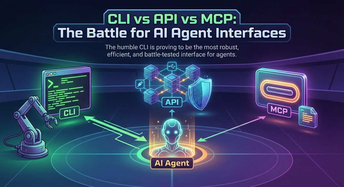 detailing the characteristics of each AI agent interface. The CLI should be a battle-hardened terminal. I visualize a sleek digital representation for the API, possibly networked. Finally, the MCP might be represented as a new but less effective interface, perhaps a USB-C icon. I'm focusing on the "AI Agent" element, placing it as an observer gravitating toward the CLI. The goal is to convey a sense of competition and the CLI's surprising dominance.